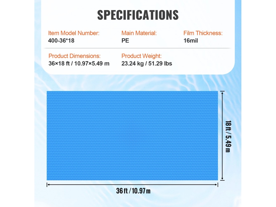 Cobertura Solar para Piscina VEVOR 36 X 18 Pés Enterrada Acima Do Solo para Piscinas Cobertor Solar 16 Mil