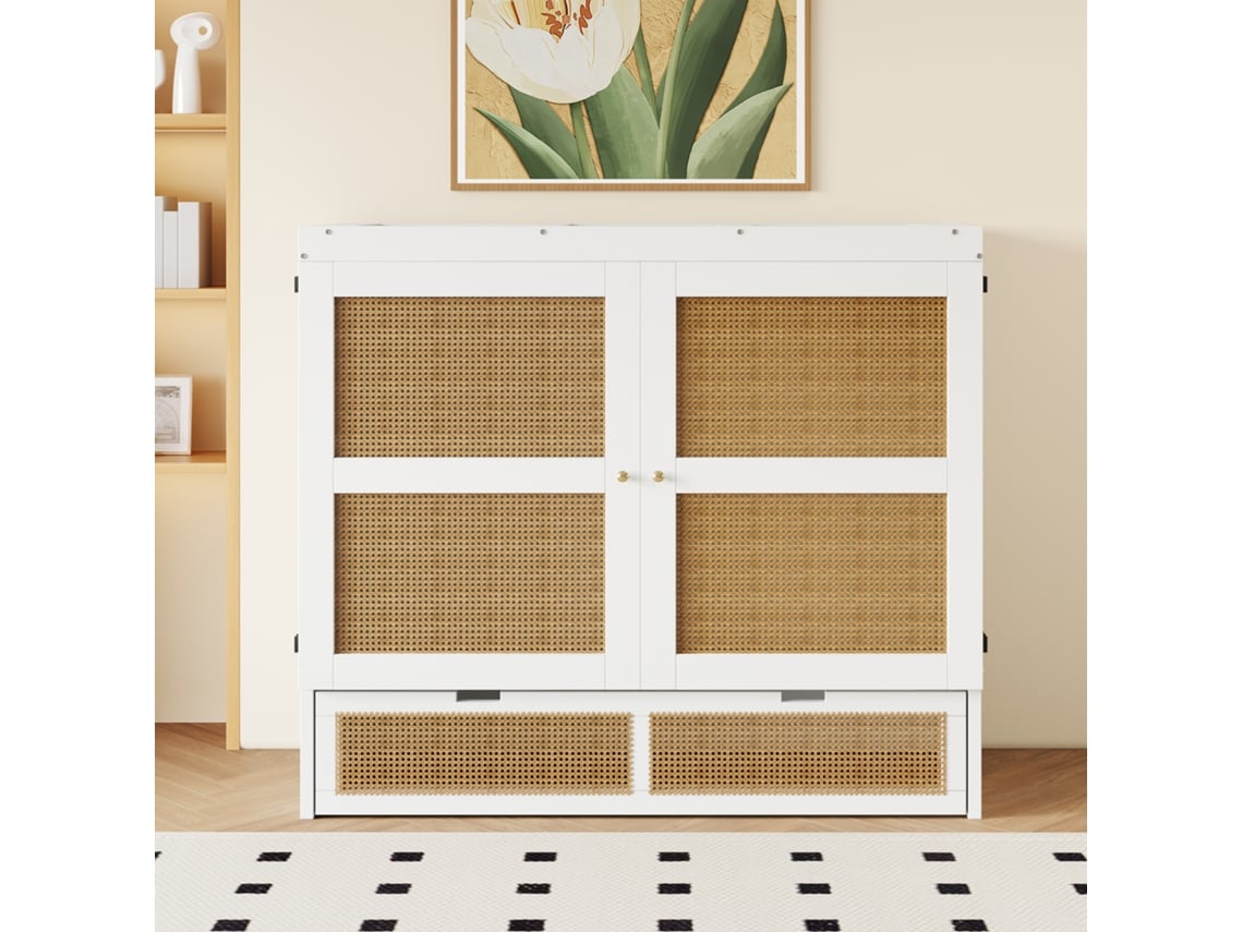 Cama Murphy 140 X 200 Cm, Cama De Parede, Com Gavetas De Arrumação, Design De Vime, Branco