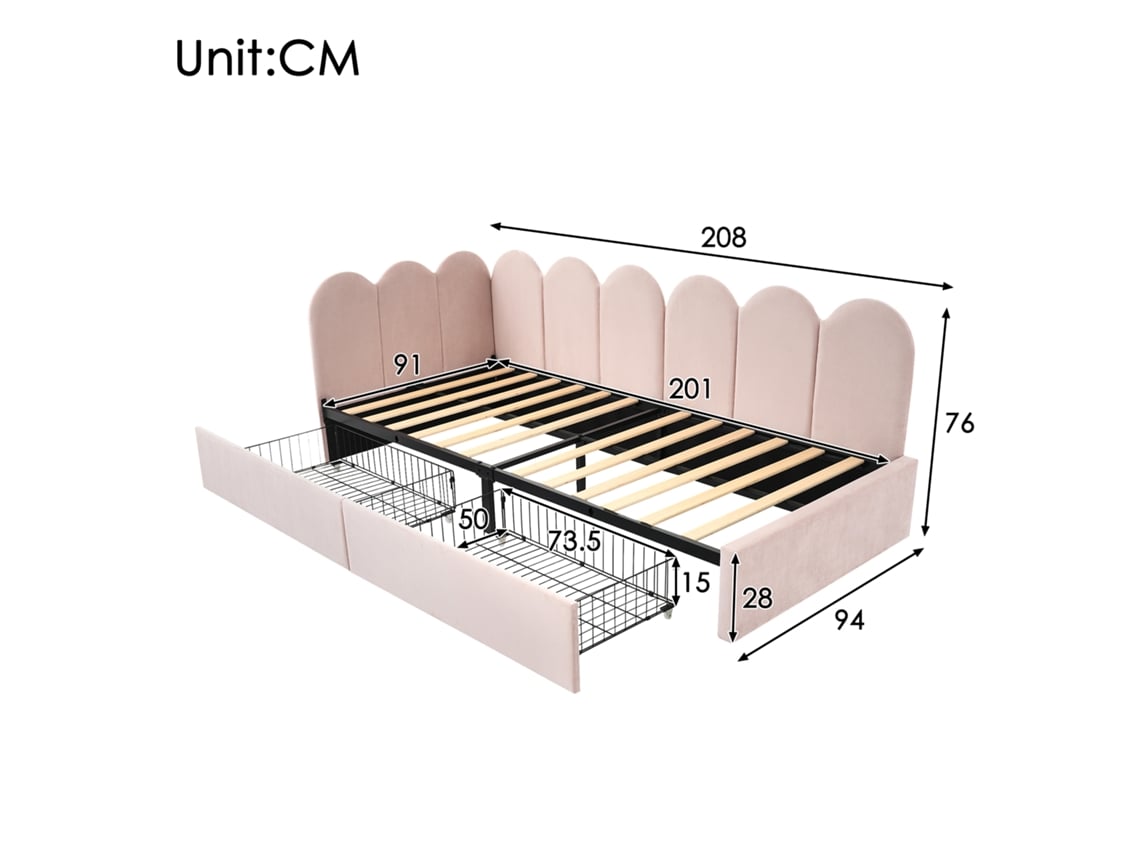 Sofá Cama Com Arrumação E Gavetas Estofada Juvenil Sem Pangshiyuan Veludo Rosa (90x200)
