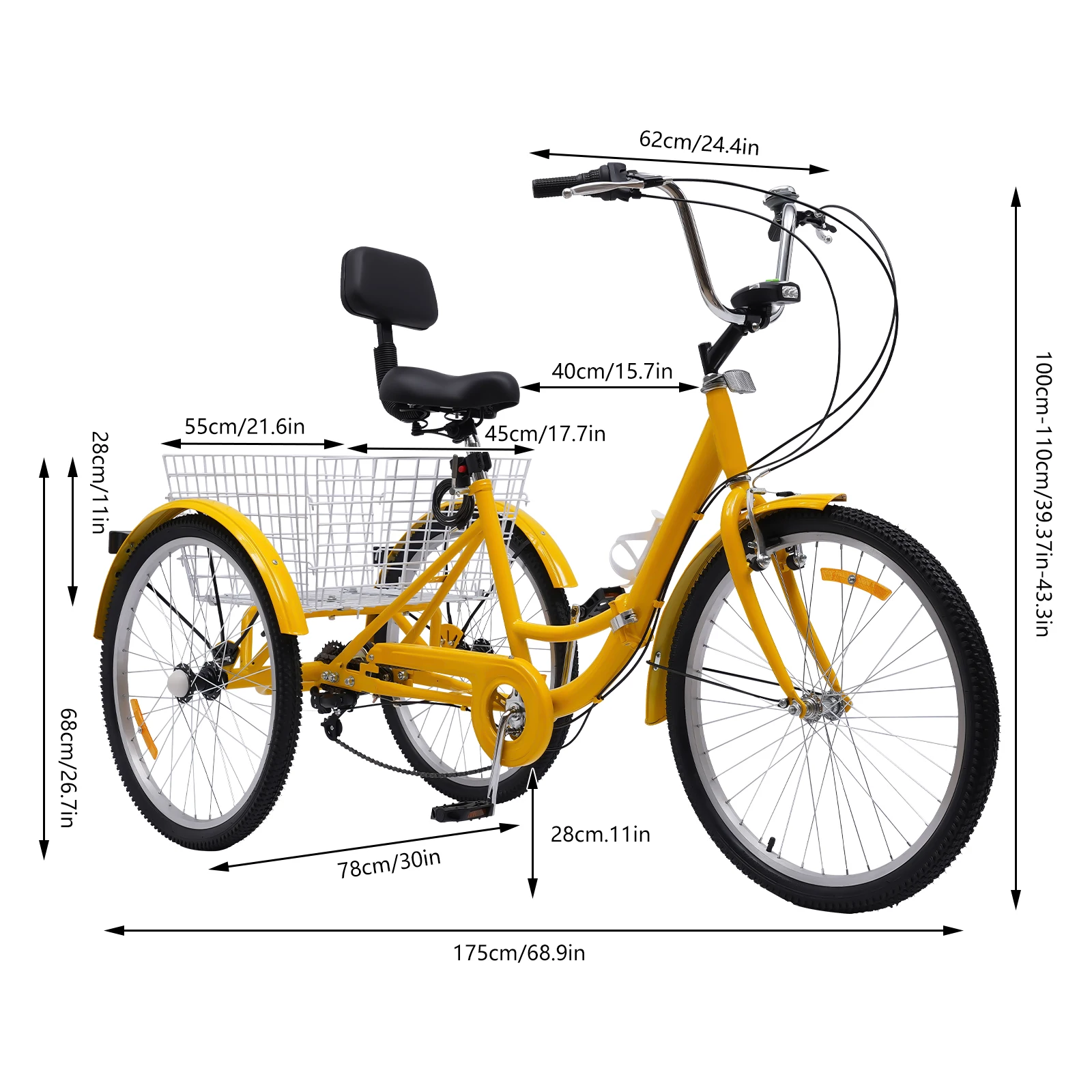 Triciclo Amarelo Para Adultos, Sistema De Engrenagem De 7 Velocidades, Cesta Traseira Espaçosa,amarelo Oem