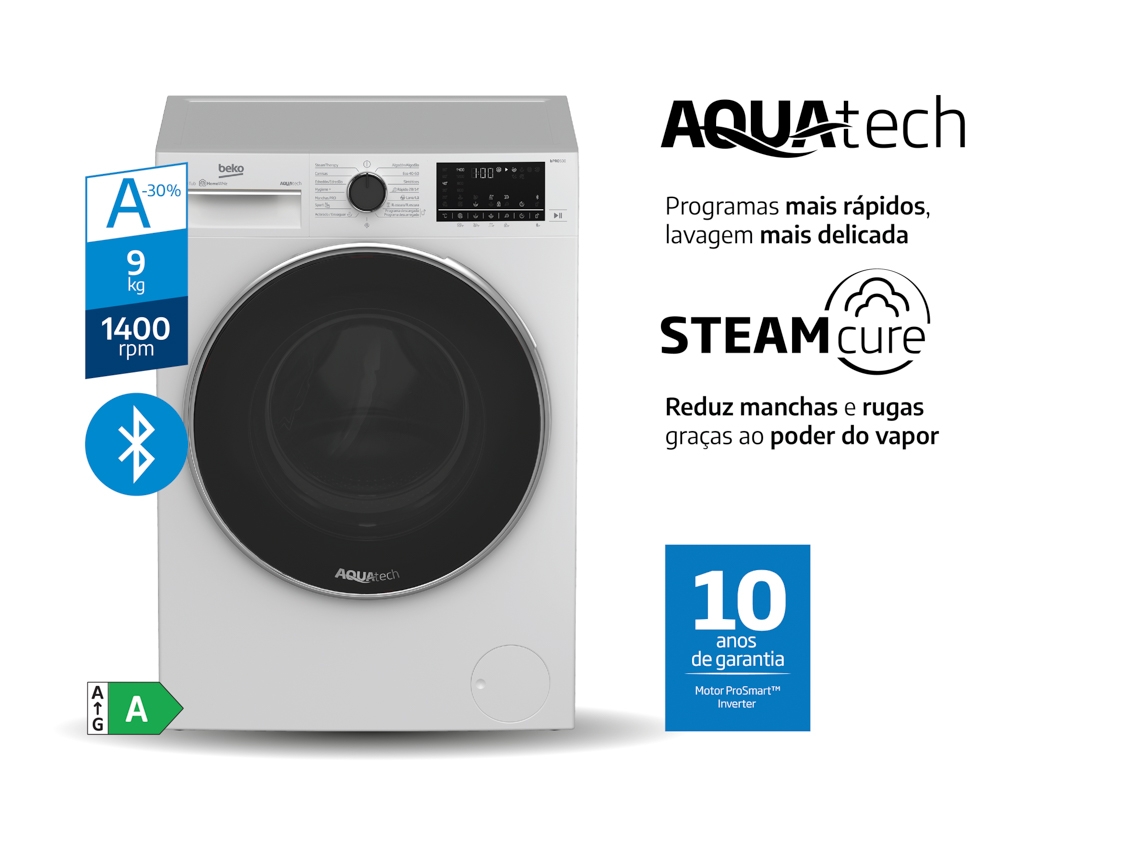 Máquina de Lavar Roupa BEKO Aquatech & Steamcure B5WFT59418W (9 kg - 1400 rpm - Branco)