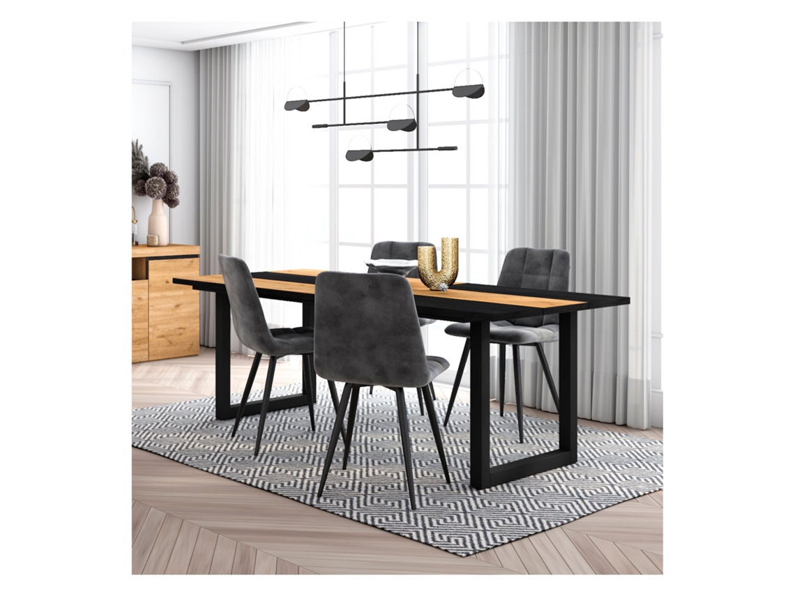 Conjunto Móveis Mesa de Sala de Jantar 200 Oak e Black Industrial Mesa Jantar Conjunto de 4 Cadeiras de Jantar Cadeira Estofada DUERMETE ONLINE