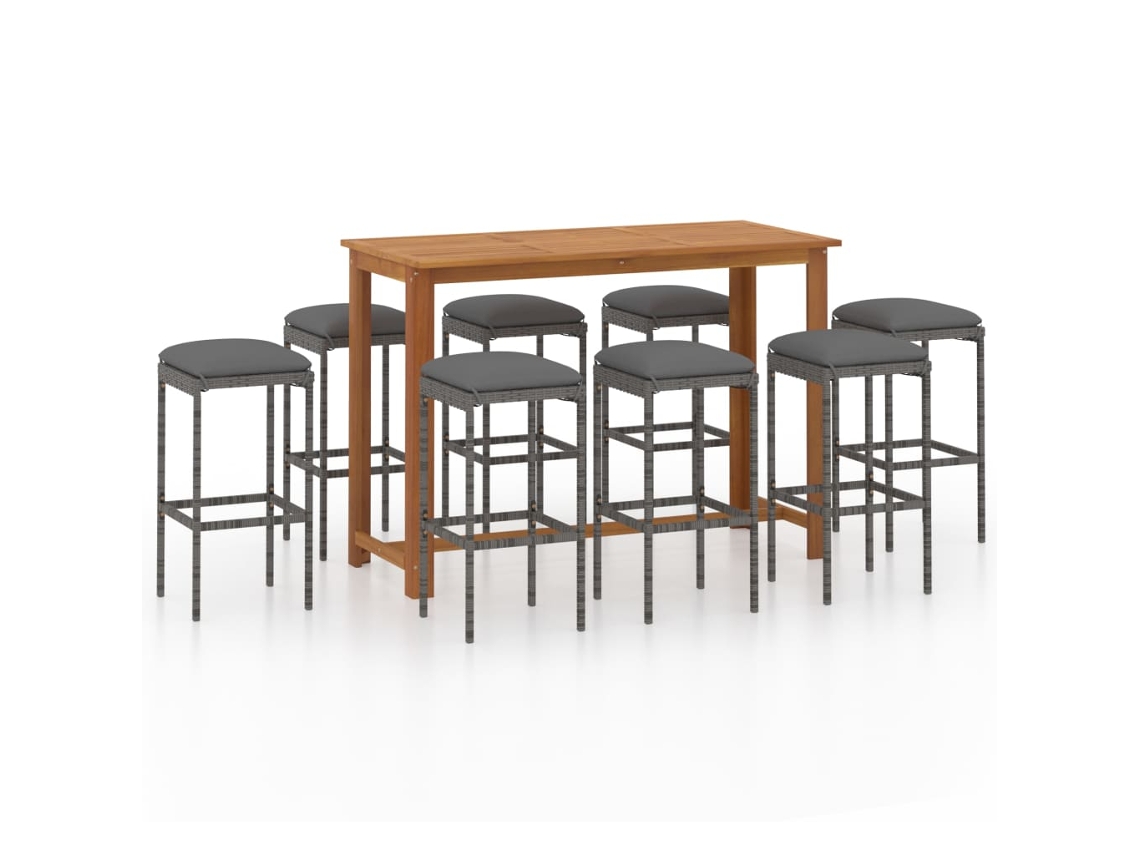 Conjunto de Bar de Jardim 9 Peças e Almofadas de Vime Sintético Cinza