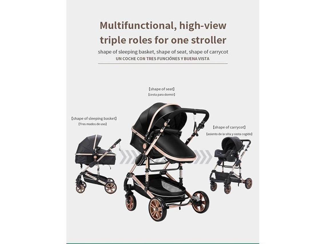 Carrinho 3 Em 1 Bebê Combinado Silla Auto Nacelle Trio Reversível Ajustável Alta Qualidade Rodas Inquebráveis Cane Preto. Bazarland30