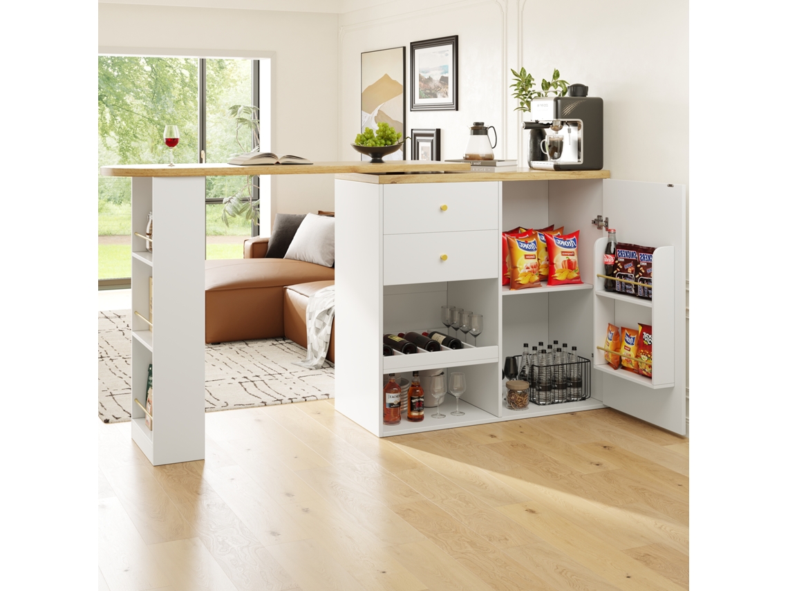 Barra Rotacionável 360° Com 2 Gavetas, Porta Deslizante E Prateleiras, Mdf Nogueira E Dourado Pangshiyuan (105x39x102cm)