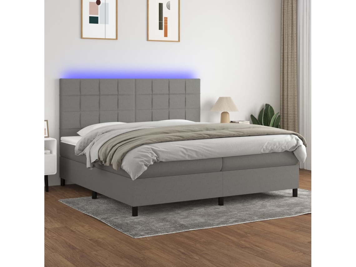 Cama Box Spring VIDAXL Colchão/LED (Cinzento - Tecido - 200 x 200 cm)