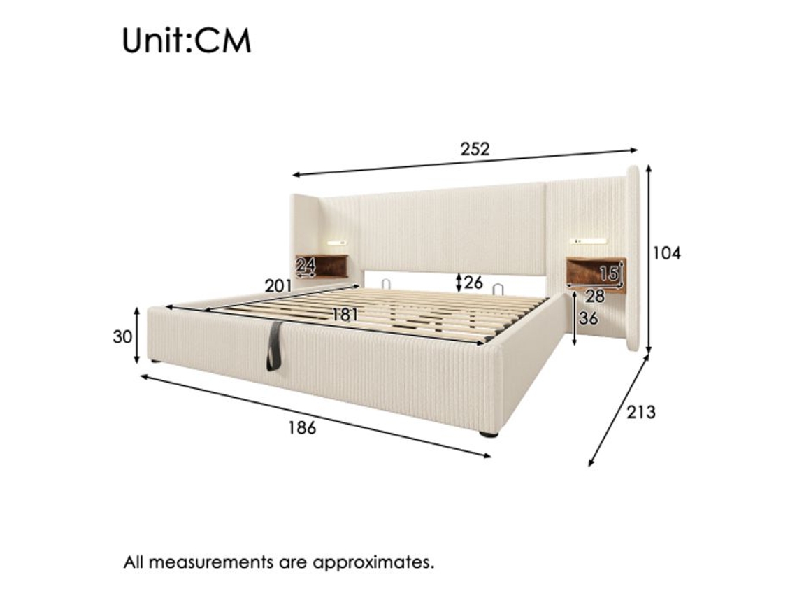Cama De Casal Estofada (180×200), Usb Tipo-c, Conjunto De Cama Com Armazenamento Bege, Tecido De Velvet Côtelé (colchão Não Incluído).