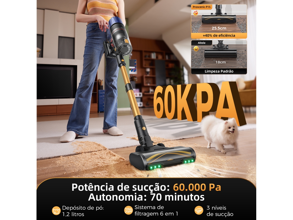 Aspirador Vertical Proscenic P15 60kpa 580w 70 Min Autonomia 1200 Ml Tecnología Greeneye™ Filtro Hepa 6.0 Grau Médico Escova Larga 120°