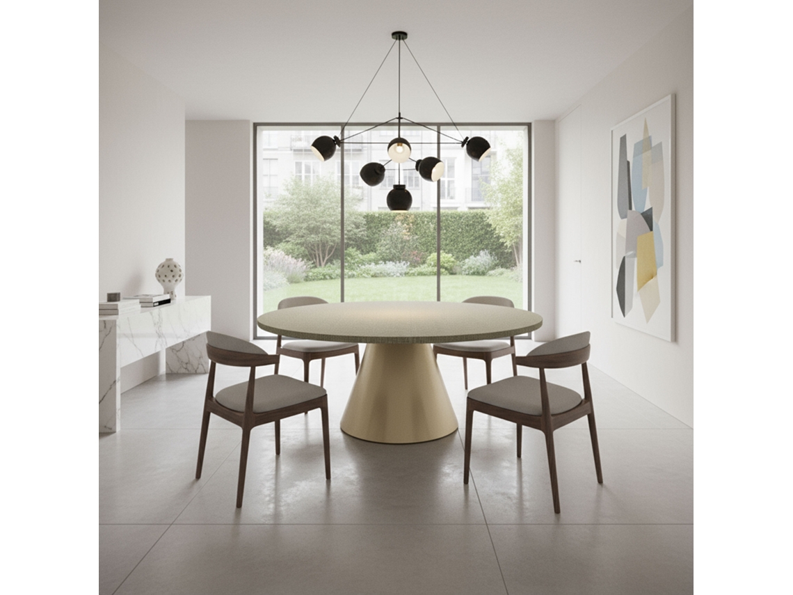 Artù Brass Mesa Redonda Ø120 Cm, Base Metálica Cónica Dourada E Tampo De Madeira Texturizada Cinza Frankystar