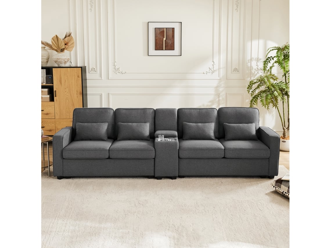 Sofá Moderno De 4 Lugares Em Tecido De Linho Com Portas Usb E 2 Porta Copos Cinzento Estilo
