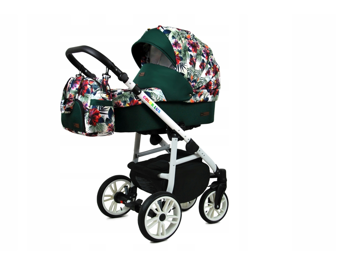 Carrinho de Bebé Multifuncional BABYLUX CLASSIC GOLD 4 Em 1 -Chili Flowers WHITE FRAME - Ajustável e dobrável Construção leve em alumínio - Acessórios