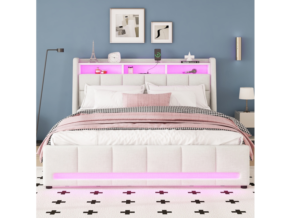 Cama Com Gavetas Estofada Tomadas Usb Iluminação Led Controle Armazenamento Pangshiyuan Linho Bege (140x200)
