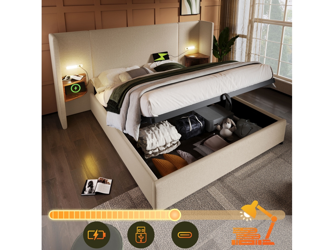 Cama Casal 160x200cm Com Mesa De Cabeceira, Luz De Leitura E Usb-c - Estrutura Em Madeira Maciça E Metal, Tons Bege, Linho (sem Colchão)