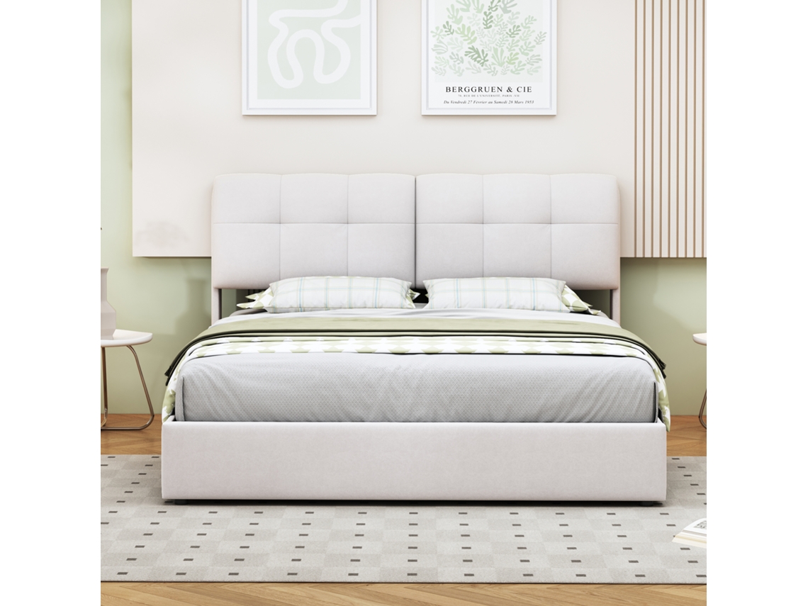 Cama De Casal 160 X 200 Cm, Cama Estofada Com Iluminação Led, Estrado Elevatório, Para Adolescentes E Adultos, Bege Linho Rosahqnda