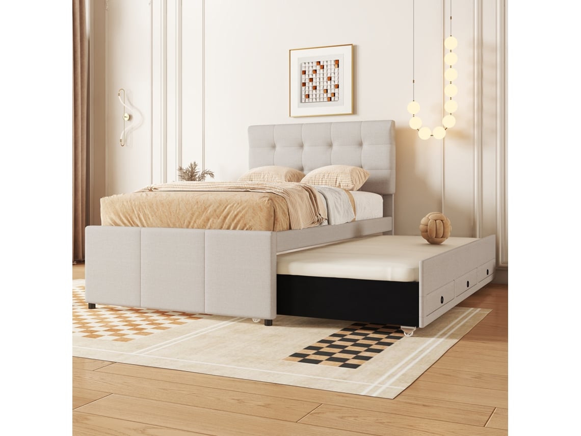 Cama Estofada, 90x200cm (90x190cm), Cama Familiar, Cama Com Três Gavetas, Cama Rolável Extensível, Cabeceira Ajustável, Sem Colchão, Bege