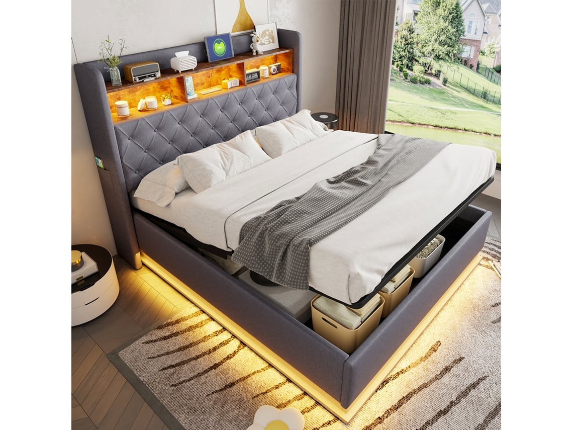 Cama Casal Estofada Led Usb Armazenamento Hidráulico Tecido Linho Cinza (160x200cm)