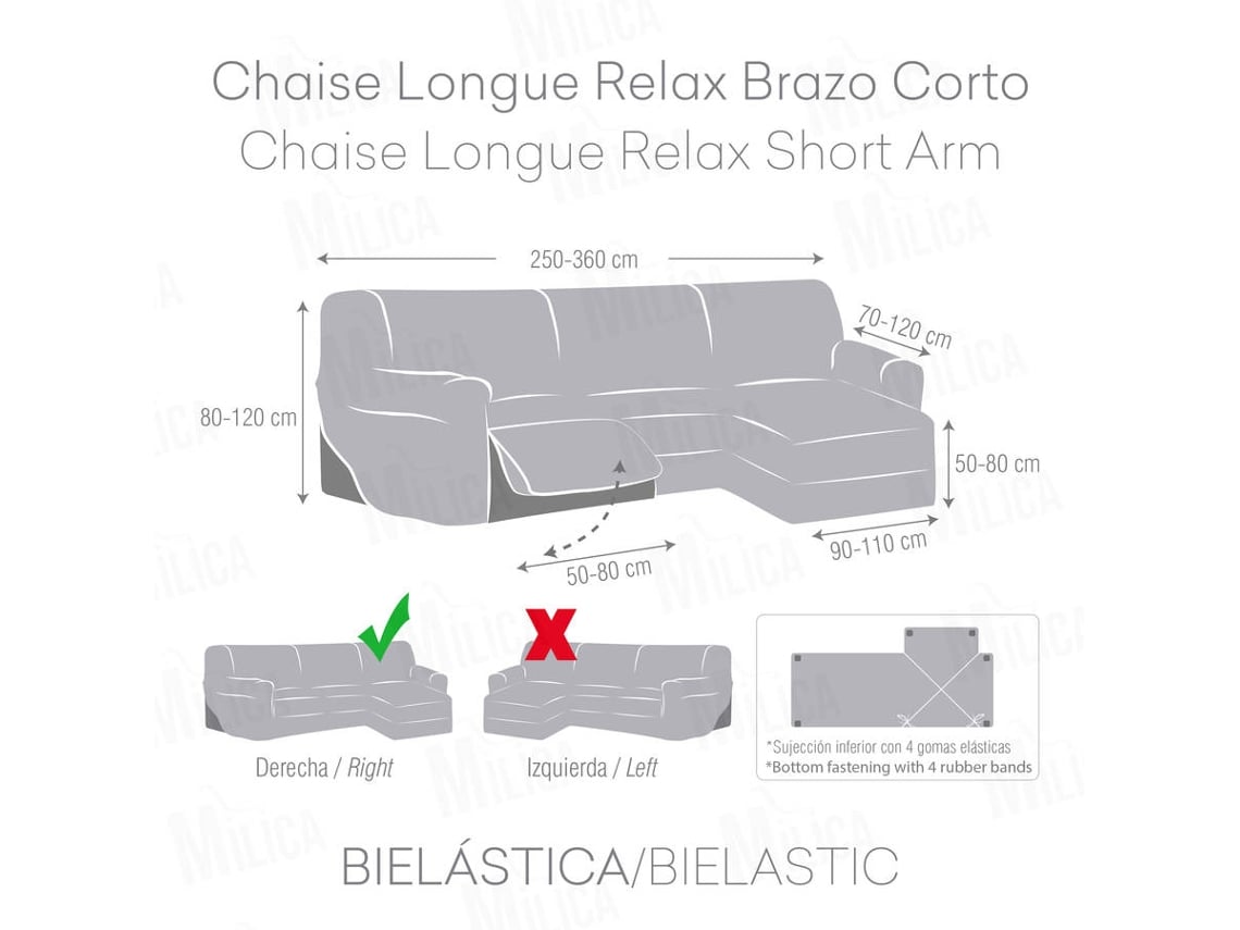 Capa Tecido Elástico para Sofá Chaise Longue Relax em Forma de L MILICA Assentos Reclináveis e Orientação Direita Spongy Bege Escuro