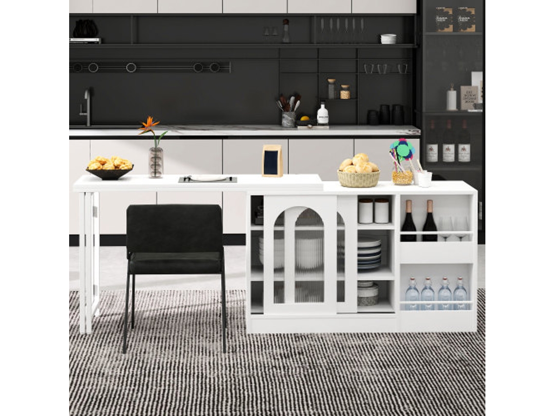 Mesa De Bar Giratória E Extensível Em 360°, Com Espaço De Armazenamento, Portas De Vidro E Um Armário Lateral Rebatível.