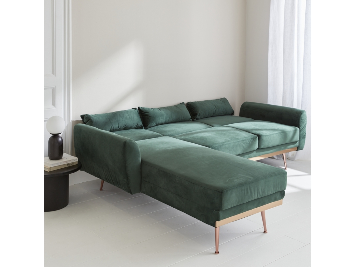 Sofá De Canto Conversível Reversível 3 Lugares Veludo, Verde Sweeek