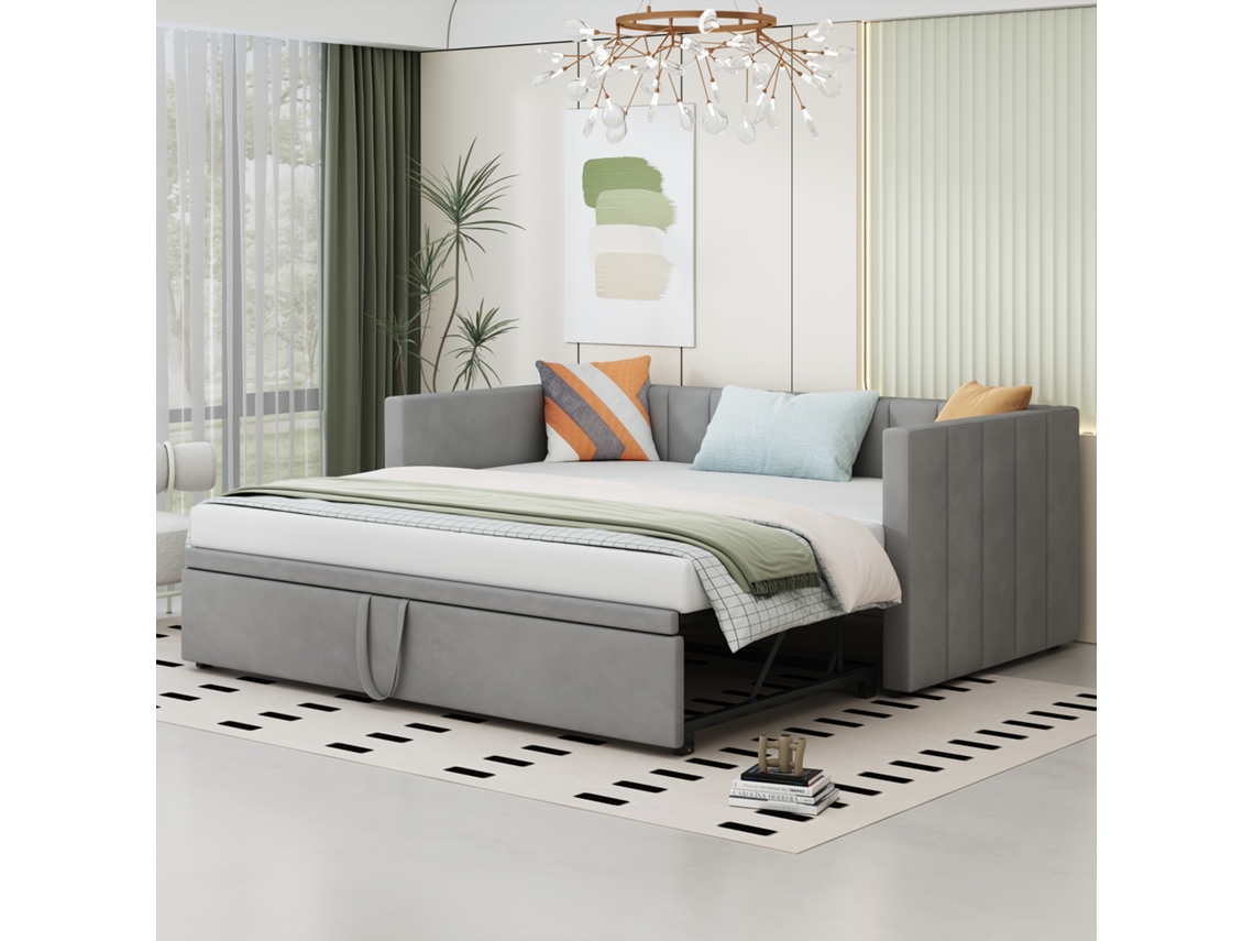 Sofá Cama Extensível 90/180 X 200 Cm Com Estrutura De Madeira, Estofado Em Veludo Amigo Da Pele, Cinza Haochrymec (213 X 188 X 74 Cm)