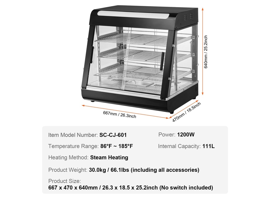 Aquecedor Comercial de Alimentos com Luz 3 Níveis 667 X 470 X 640 Mm VEVOR