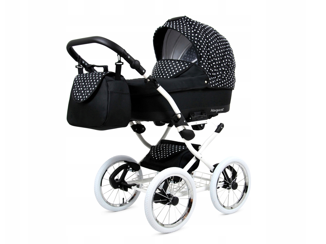 Carrinho de Bebé Multifuncional BABYLUX MARGARET WHITE 4 Em 1 -White Dots - Ajustável e dobrável Construção leve em alumínio - Acessórios