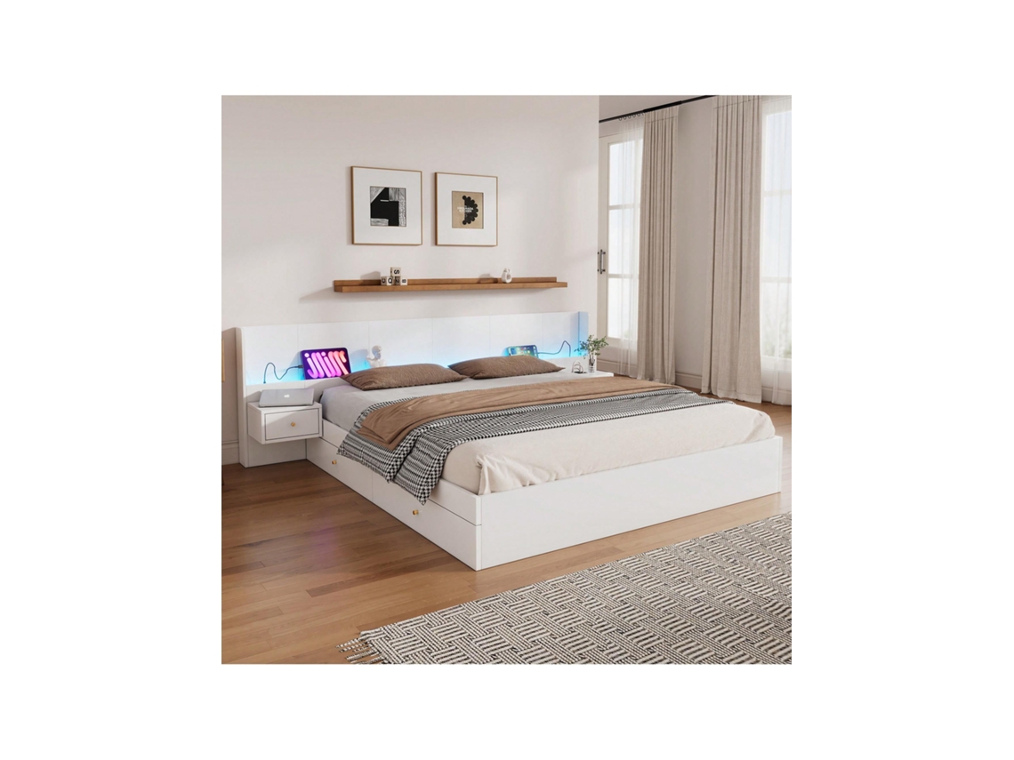 Cama Casal 180x200cm Em Madeira Com Usb, Led E Tomadas, Controlo Por App, 2 Mesas De Cabeceira Com Gavetas, Branco Sem Colchão Liptaptyn