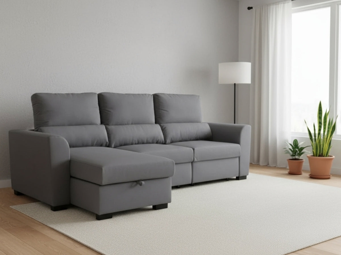 Sofá Cama 3 Lugares BUDWING Oliver Cinza Claro + Chaise Longue (235 x 147 x 96 cm - Reversível Lado Direito/Esquerdo)