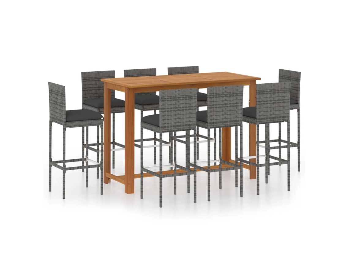 Conjunto de Bar de Jardim 9 Peças e Almofadas de Vime Sintético Cinza