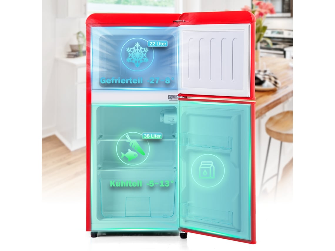 Mini Geladeira Retrô 60l Com 22l Freezer, Led, 102 Kwh/ano E Estilo Vintage Vermelho Premium, Altura 88,8 Cm Sini Tech Store