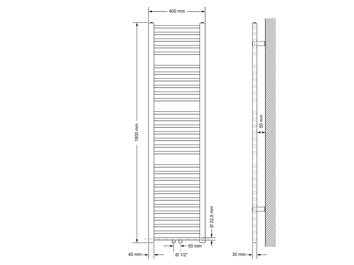 Radiador De Casa De Banho De Ligação Central 400x1800 Mm Branco Luxebath