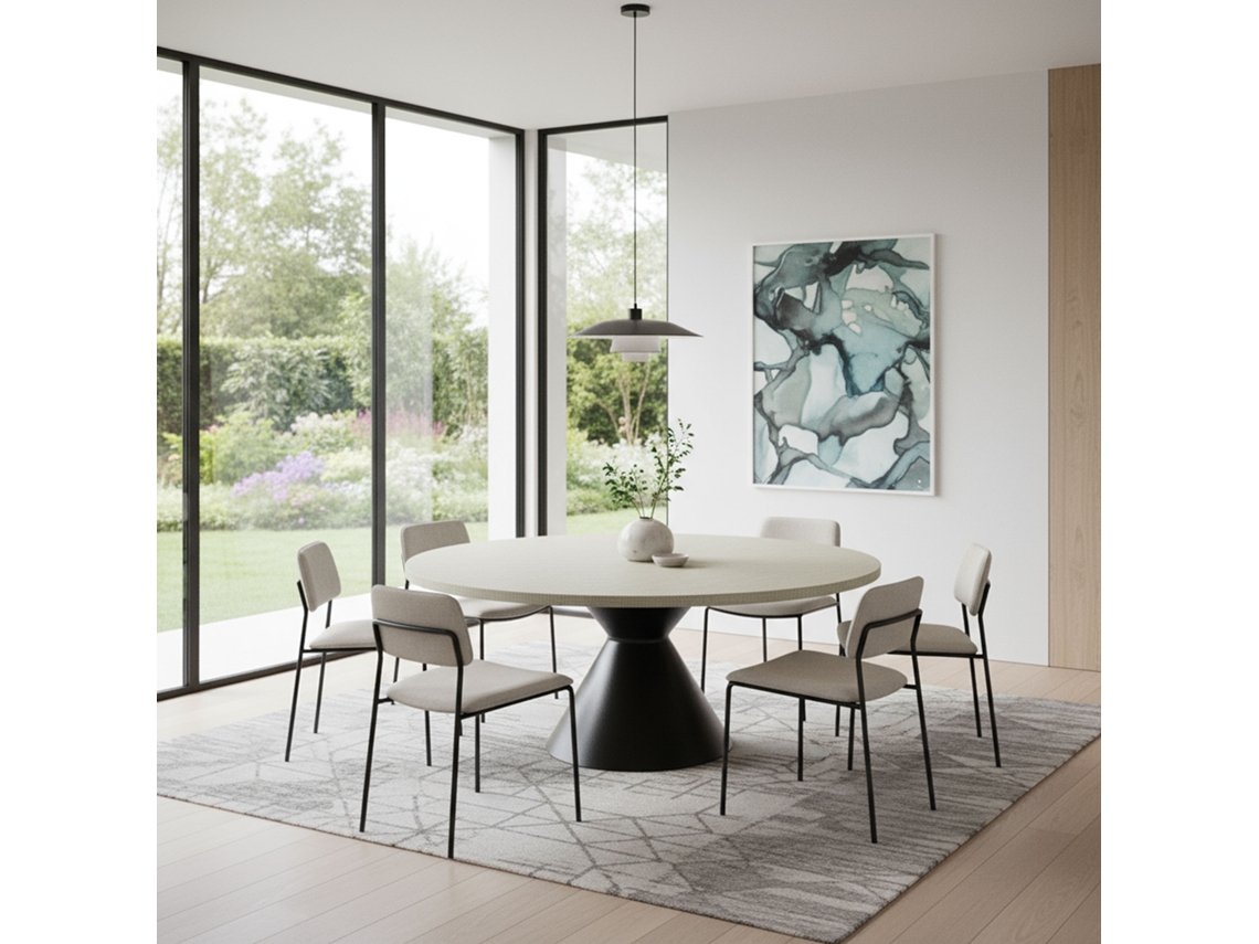 Graal Black Mesa Redonda Ø120 Cm Base Metálica Duplo Cone Preto E Tampo Em Madeira Cinza Texturizado Frankystar