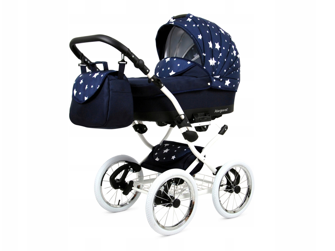Carrinho de Bebé Multifuncional BABYLUX MARGARET WHITE 4 Em 1 -Navy Blue Star - Ajustável e dobrável Construção leve em alumínio - Acessórios