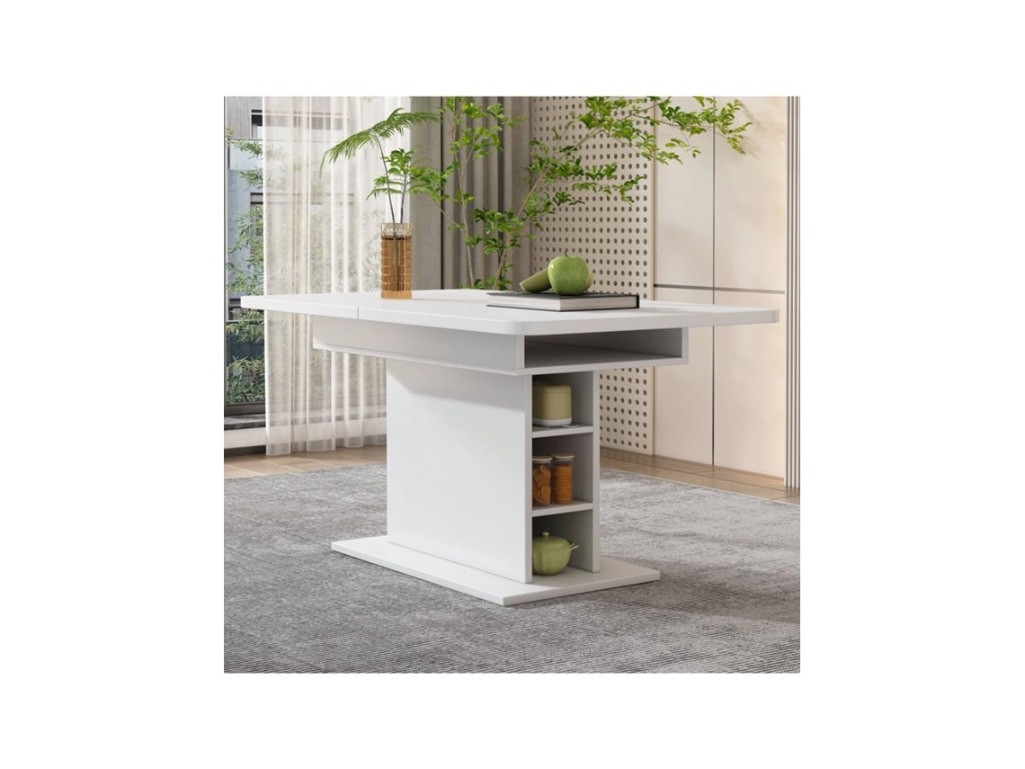 Mesa De Jantar Extensível Com Armazenamento, Retangular, Moderna E Simples Em Ferro, Branca Multifuncional E Econômica Em Espaço Liptaptyn
