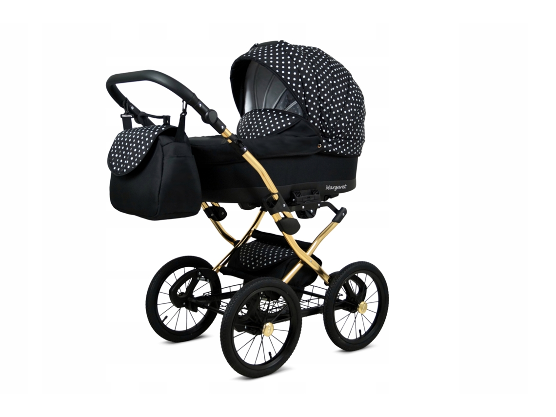 Carrinho de Bebé Multifuncional BABYLUX MARGARET GOLD 4 Em 1 -White Dots - Ajustável e dobrável Construção leve em alumínio - Acessórios