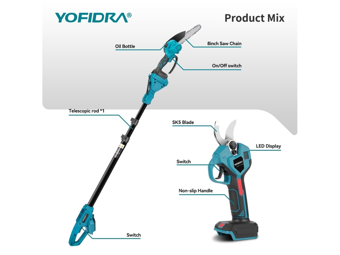 Conjunto Tesoura De Poda Elétrica E Motosserra Telescópica, Vara 1,7 M Motosserra Brushless 8 Tesoura Elétrica 28 Mm, 2 Baterias Yofidra