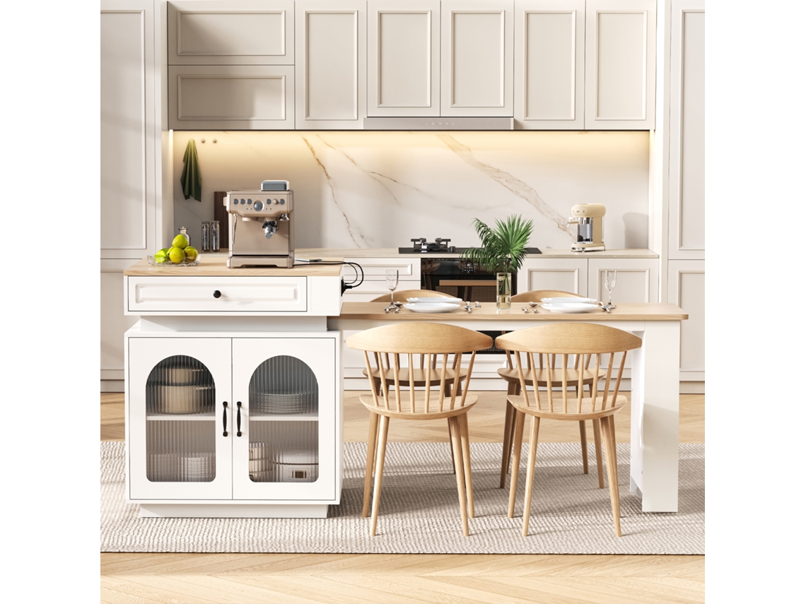 Mesa Extensível Com Led E Rodas, Ilha De Cozinha Multifuncional Com Tomadas, Serve Como Bar, Sideboard Ou Aparador, Branco Sini Tech Store