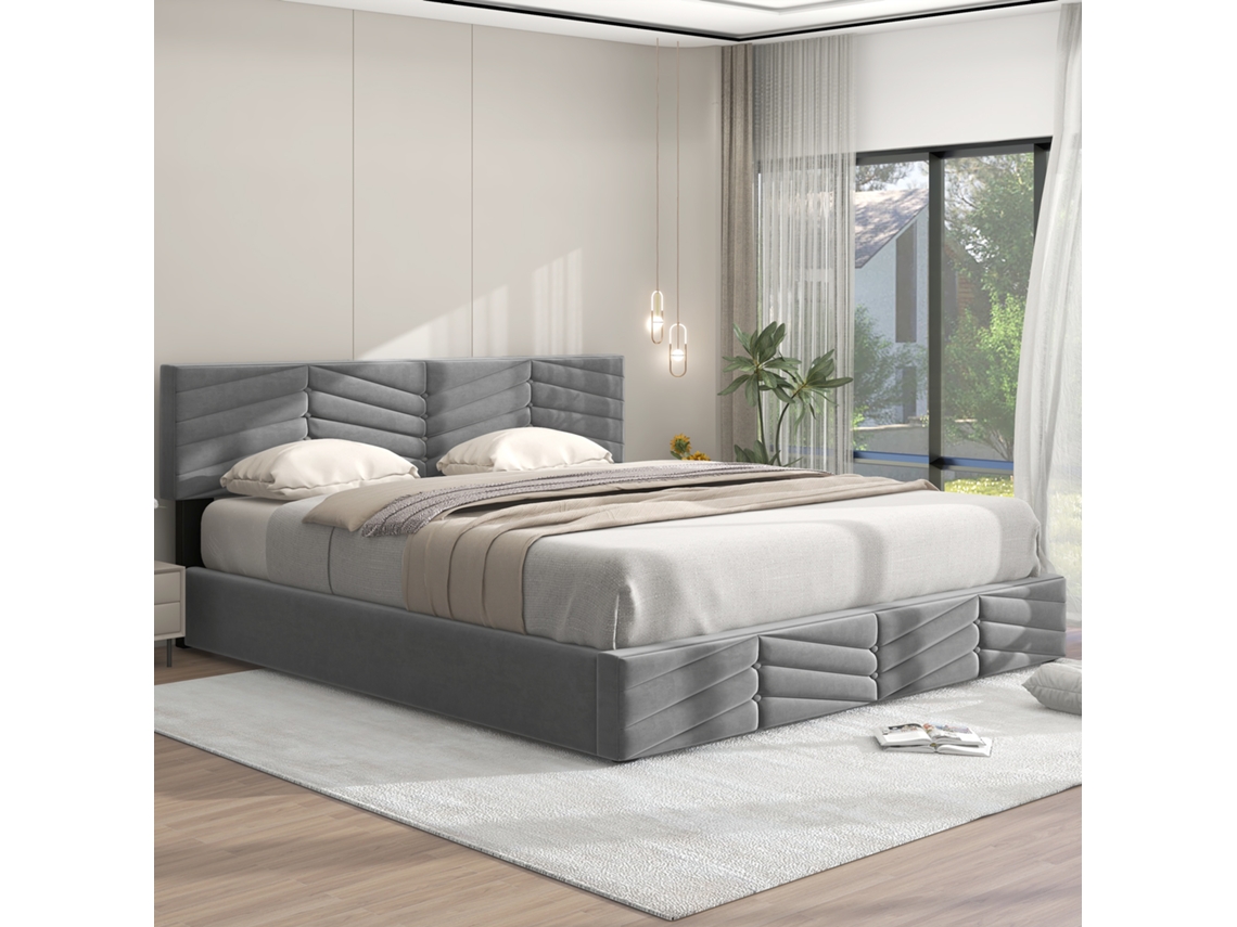 Cama De Casal Com Cabeceira Estofada Hidráulica Funcional Listrado Continental Regulável Pangshiyuan Veludo Cinzento (180x200)