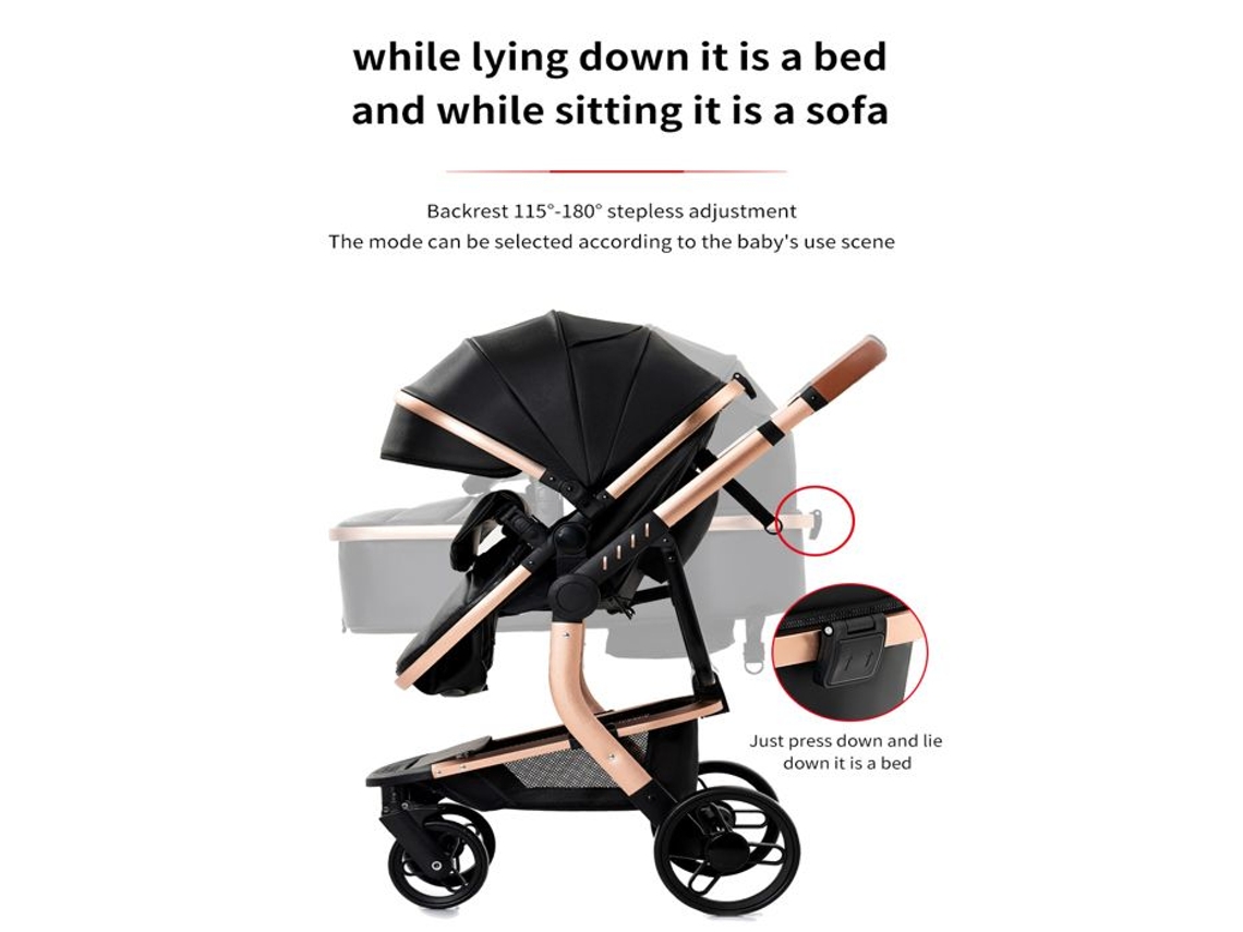 Bazarland30.carrinho 3 Em 1 Bebê Combinado Assento Auto Nacelle Trio Reversível Couro Pu Rodas À Prova De Furos Cane.branco