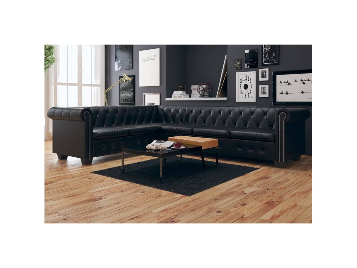 vidaXL Sofá de canto Chesterfield 6 lugares couro artificial preto (260 x 205 x 73 cm)