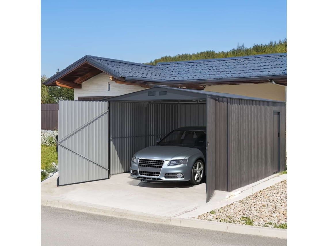 Garaje Metálico Gardiun Surrey 15,96 M2 380x420x232 Cm 1 Coche | Doble Puerta Abatible, Puerta Lateral Y Respideros | Efecto Madera