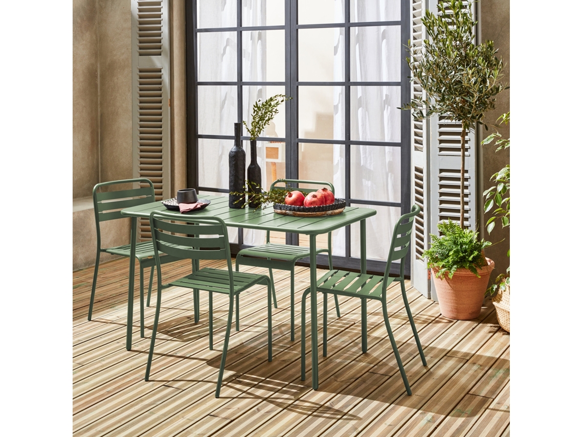Mesa de jardim em metal, 4 cadeiras, Verde