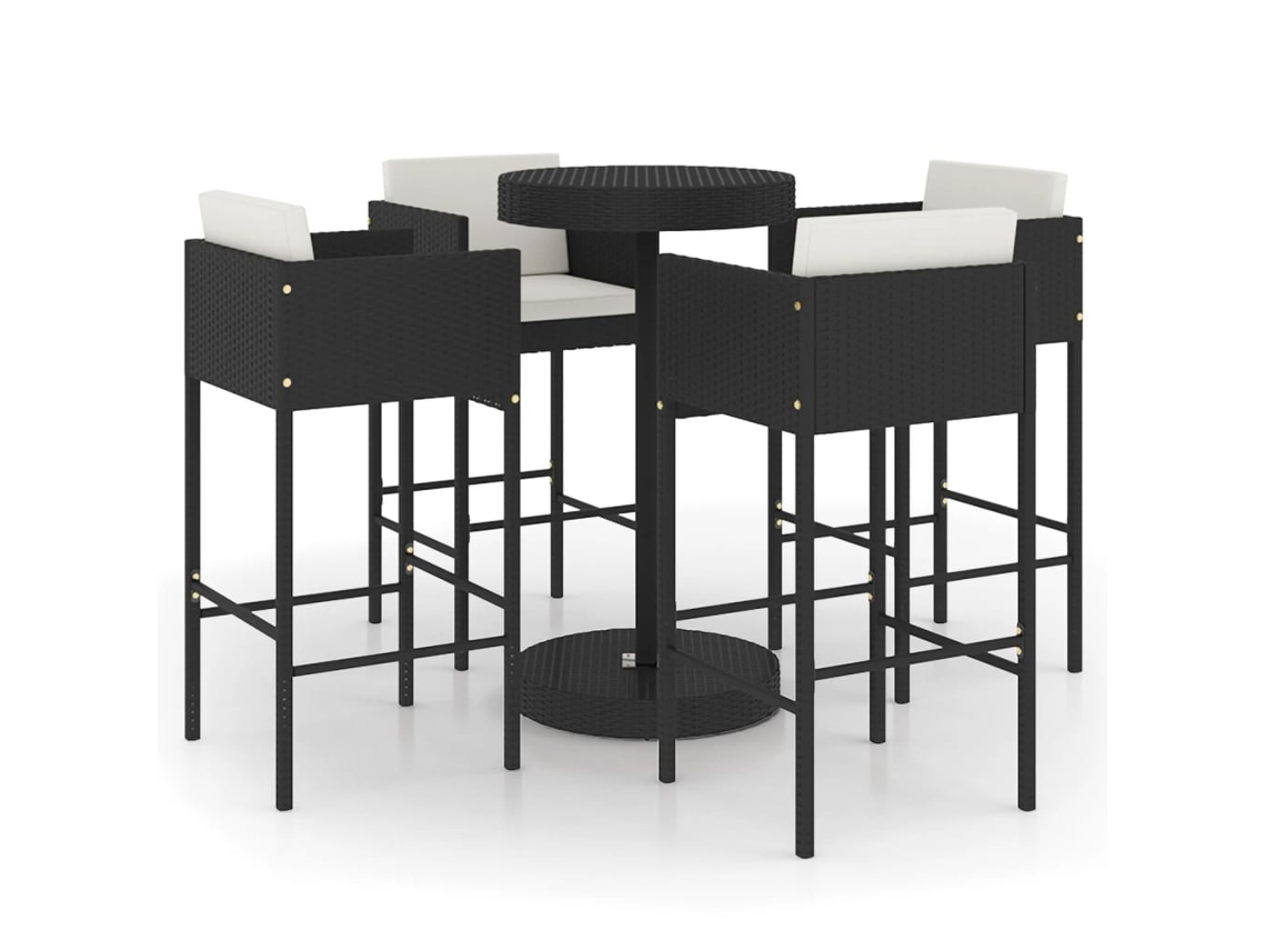 Conjunto de Bar de Jardim de 5 Peças com Almofadas de Vime Sintético Preto