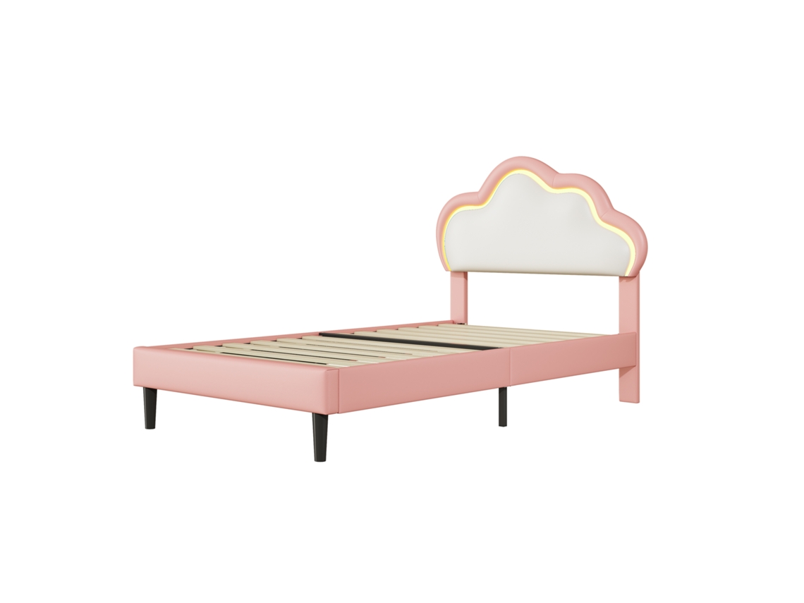 Cama Individual Estofada 90x200cm, Com Fitas Led Multicoloridas E Variáveis, Cabeceira Ajustável, Pu, Rosa Rosahqnda