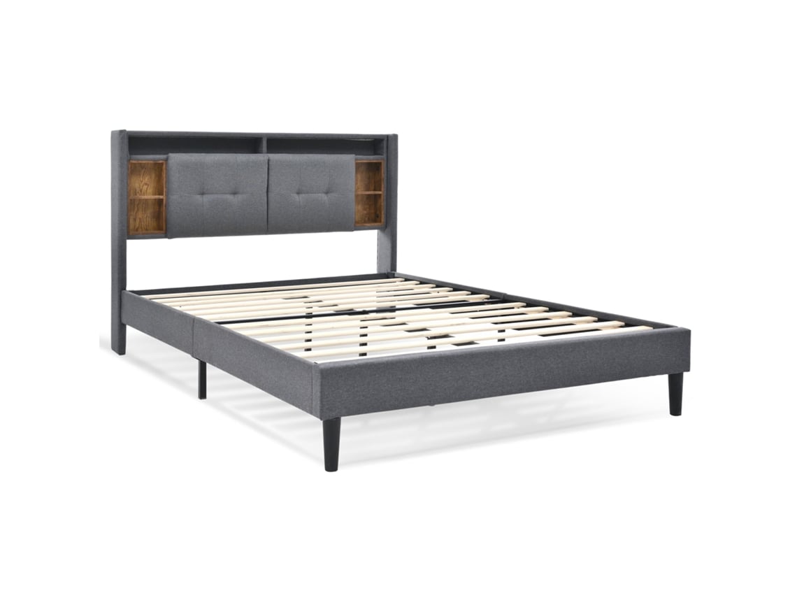 Cama Estofada Cama De Casal Armazenamento Cama De Cabeceira Com Carregamento Usb E Led Iluminação Bed Frame 140 200cm Cinza Com Colchão