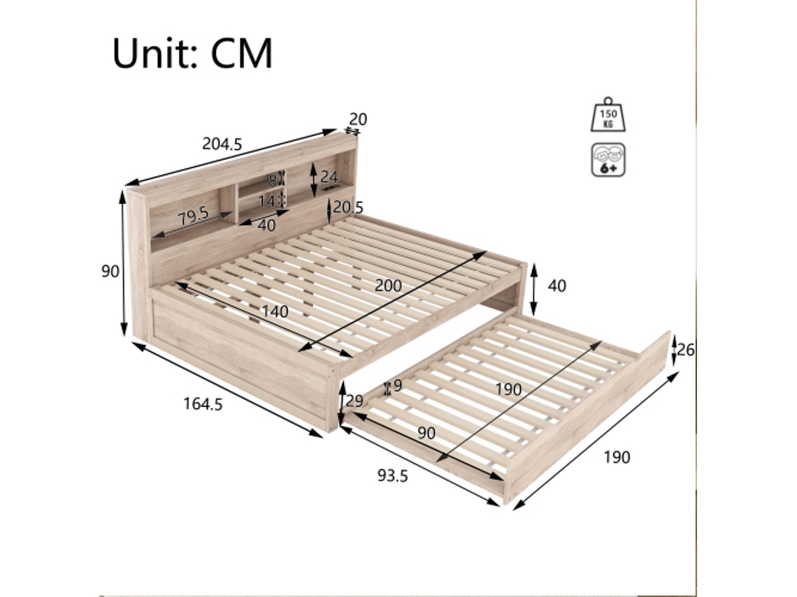 Sofá Cama, Sofá Cama, 140200 Cm, Com Luzes Led, Compartimento De Armazenamento De Cabeceira, Cama Dobrável, Tomada Usb, Sem Colchão, Natural Hvorstur