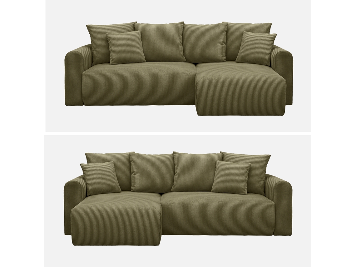 Sofá de canto reversível Sweeek de 3 lugares em veludo canelado, verde cáqui
