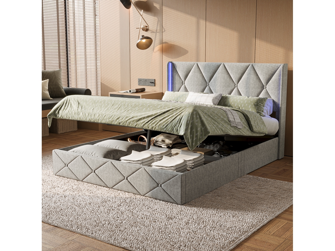 Cama De Casal, 140x200cm, Estofada Com Arrumação E Led, Cama Com Arrumação Hidráulica, Estrado De Ripas, Cama Juvenil Em Veludo. Rosahqnda