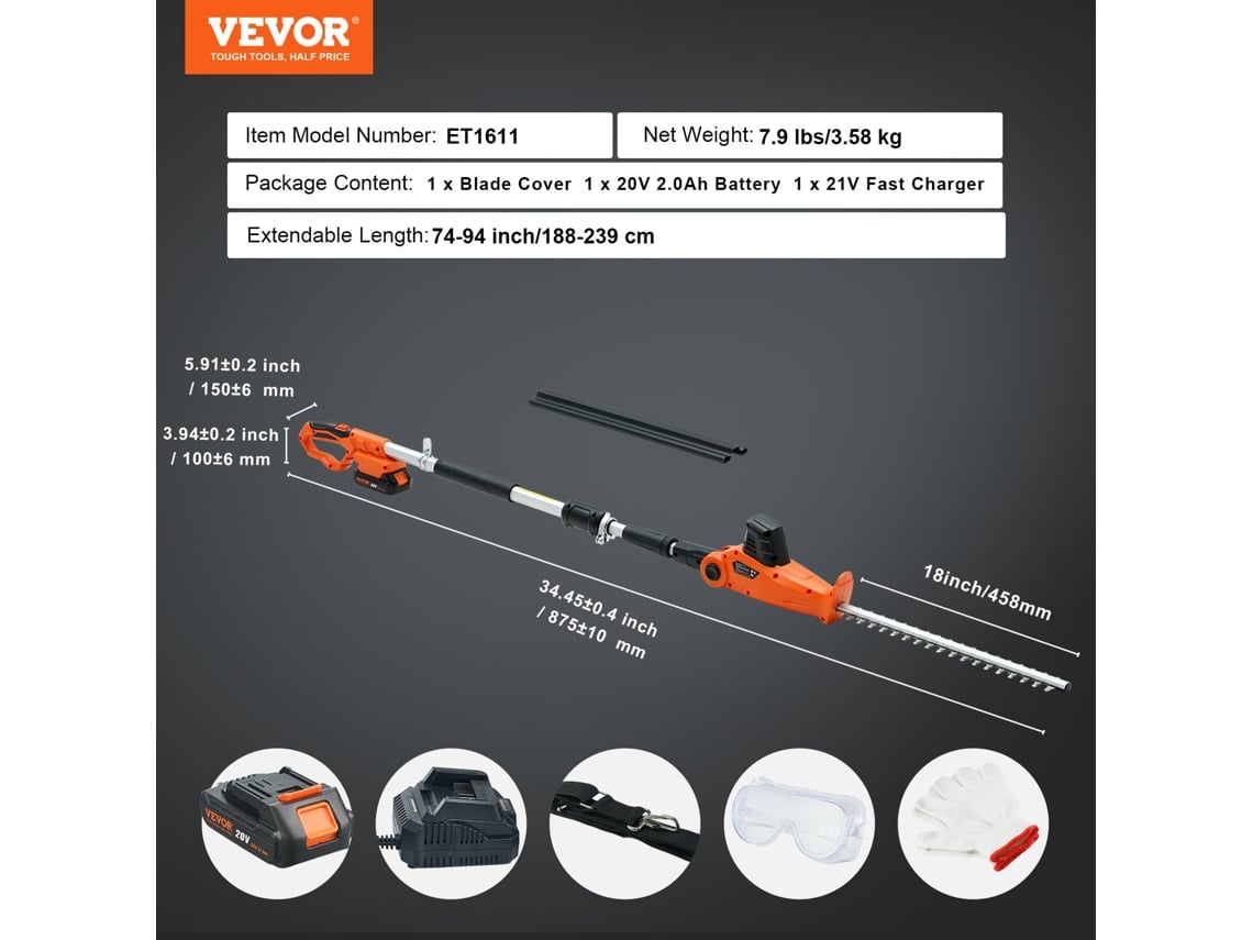 Cortador de Sebes Sem Fio 20V Cortador de Sebes Telescópico com Lâmina de 18 Polegadas VEVOR
