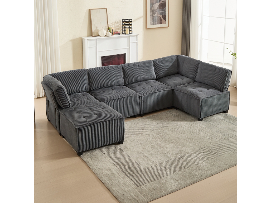 Sofá Modular De 6 Lugares Tecido Cord, Ergonómico, Bolsos De Arrumação, Convertível Em Forma De U/l/sofá Cama Mobrio